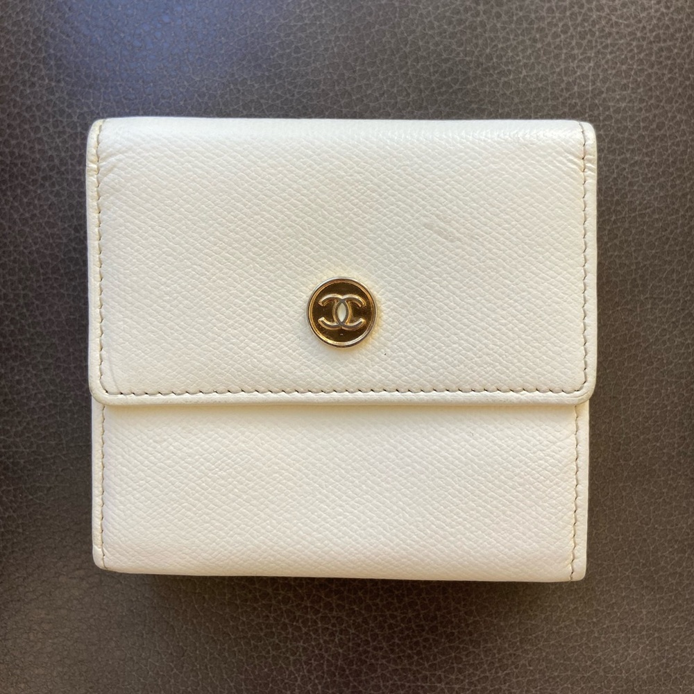 Authentic Chanel Ivory Caviar Leather Compact Trifold Wallet - Gold Hardware CC